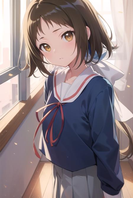 mashiromitsumine, <lora:mashiromitsumine-lora-nochekaiser:1>,
mashiro mitsumine, (brown eyes:1.5), brown hair, ponytail, (flat chest:1.2),
BREAK grey skirt, long sleeves, neck ribbon, red ribbon, ribbon, sailor collar, school uniform, skirt, white sailor collar, (blue shirt:1.5),
BREAK looking at viewer, full body,
BREAK indoors, classroom,
BREAK <lyco:GoodHands-beta2:1>, (masterpiece:1.2), best quality, high resolution, unity 8k wallpaper, (illustration:0.8), (beautiful detailed eyes:1.6), extremely detailed face, perfect lighting, extremely detailed CG, (perfect hands, perfect anatomy),