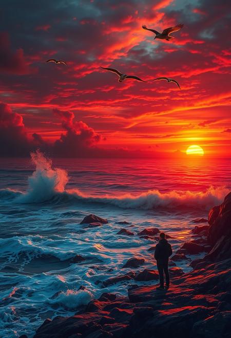 A breathtaking coastal scene unfolds: a rugged shoreline meets the dramatic sunset, where waves fiercely crash against the rocky shore. The sky is set aflame with vibrant hues of orange and red as the sun teeters above the water's edge, refracting through misty tendrils to create a mesmerizing display of color. Above, seabirds majestically soar, their wings aglow with golden light as they glide across the crimson canvas. In the foreground, a solitary figure stands, gazing out at the enchanting horizon, their silhouette defined against the fiery backdrop.