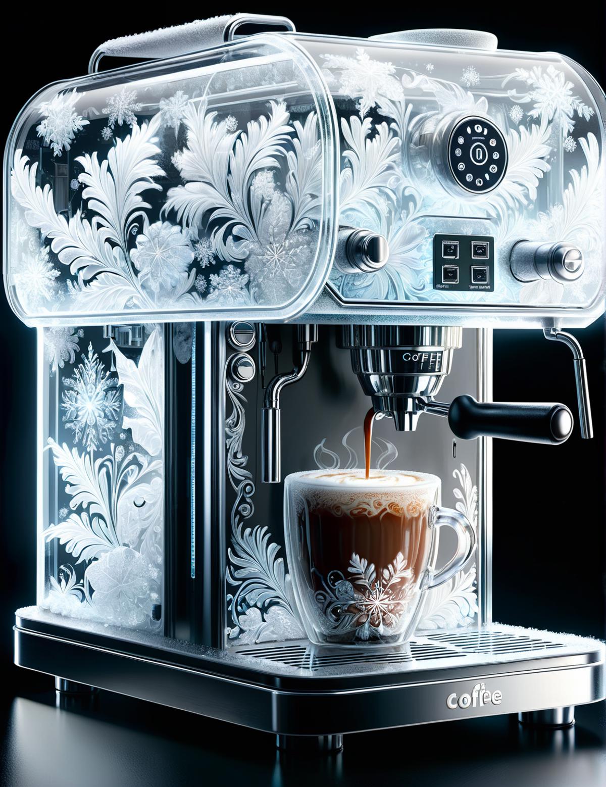 A frosted coffee machine with a cup of coffee being poured.