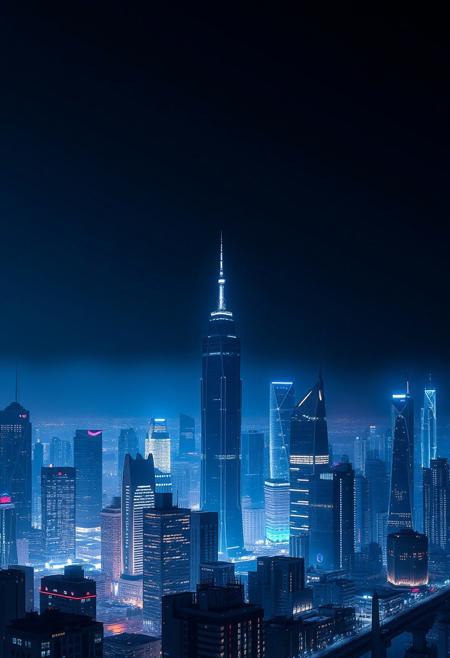 The skyline of a futuristic city, towering buildings surrounded by blue lights,