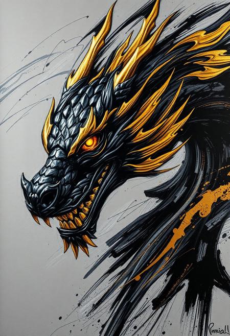 A hyper-stylistic, extremely detailed image depicts a breathtaking painting, crafted from a combination of smeared black and gold metallic paint. A dragon's head is captured in a streaked motion, as if it is moving rapidly in one direction, its fierce features a blur of dynamic energy. The black paint is applied in bold, sweeping strokes, creating a sense of power and intensity that is contrasted beautifully by the golden accents. The gold paint is used to highlight the dragon's scales, adding a sense of depth and dimensionality to the image. The dragon's eyes glow with a fierce, golden light, as if they are burning with inner fire. Every detail of the image is meticulously crafted, from the delicate, swirling patterns of the gold paint to the intricate, textured patterns of the black paint. The contrasts between light and dark, color and texture, create a sense of tension and energy that draws the viewer in, inviting them to explore the dynamic world of the dragon. highest-Quality, intricate details, visually stunning, Masterpiece
