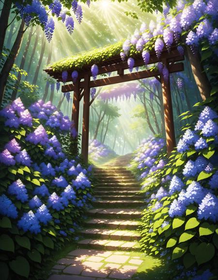 Wallpaper Fusion, dappled sunlight, day, flower, hydrangea, leaf, light rays, nature, no humans, outdoors, path, plant, purple flower, scenery, stairs, sunlight, torii, tree, wisteria,, cinematic angle, foreshortening, masterpiece, best quality, <lora:WallpaperFusionXL:0.8>