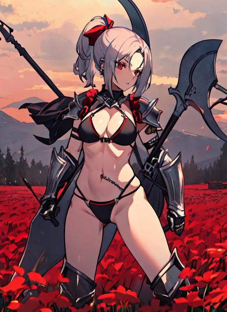 masterpiece, best quality, 1girl, fefe, short grey hair, red eyes, side ponytail, piercings, medium breasts, 
armor, bikini armor, battle axe, field, war,
<lora:fefe-000008:0.85>