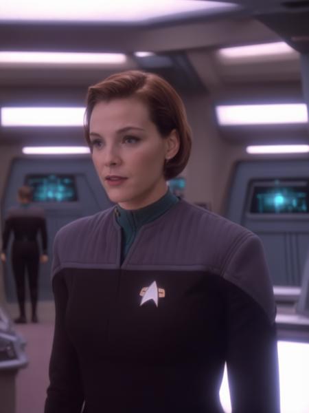 young woman in black and teal ds9st uniform,in dsnstation room<lora:DS9XL:0.8>