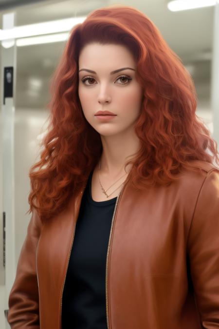 a photo of blonde (((medidum body))) of (nalci01) with her (deep red hairs), perfect face, teen, ((very long hair, straight hair)), (((brown eyes))), pink skin, white skin, a gorgeous woman, in a (subway:1.1), wearing a (leather-coat:1.1), (8k, RAW photo, best quality, depth of field, ultra high res:1.2), (absurdres, intricate, photorealistic, masterpiece, ultra-detailed:1.3), <lora:Nalci01:1>