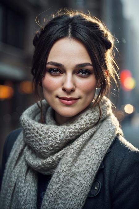 Photography of a classy woman's face,
dslr photo,
32k,
very sharp,
realistic,
highly-detailed-skin,
her hair is brown and short like she has the eerie glow that makes it feel like Keira Knightley when she was 18 years old,
it's cold and she is wearing a wool scarf and coat,
snow falling in her hair,
to otherworldly beauty in a dense urban setting setting against the soft light on their lips by jeremy mann,
smiling proudly,
hair in a tight bun,
8K resolution, 
high detail, ultra-high