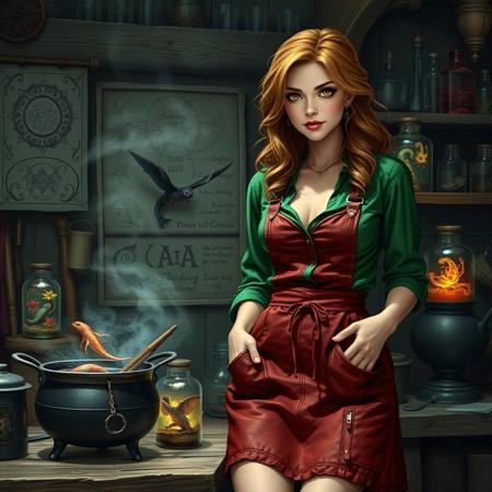 female alchemist, workshop, timber workbench, diagrams on wall, thigh green shirt, cleavage, red leather apron, pockets, cauldron, dreamlike, gothic, colorful fantasy creatures in glass jars