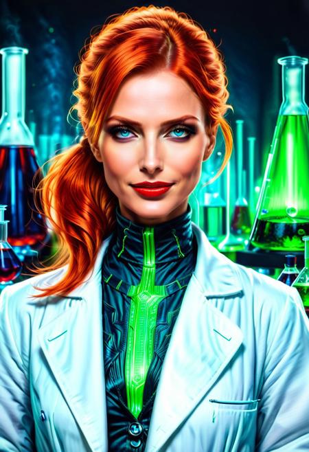 Necron, electricity, green glow, green theme, (red:1.6), (close up:1.6), Stable_Yogis_PDXL_Positives, (Victorian blouse), Realism_Quality_2xx_By_Stable_Yogi, (anatomically correct:1.6), photo, photo_realistic, 1girl, mature_woman, European, 27 years old, parted_lips, choker, seductive smile, sultry, serious stare, stern look, close-up, eye shadow, makeup, milf, mature female, pureerosface_v1, Expressiveh, intricate_details_xl, natural skin, realistic, hands out of view, red lipstick, makeup, long ponytail, streaked hair, Orange hair, black streaks in her hair, long side bangs, black highlights in bangs, thick lips, mega ponytail, big hair, tall, natural blue eyes, high neck closure, fitness body, toned muscles, high cheekbones, solo, (fully dressed:2), high turtle neck, outdoors, (hands hidden:1.7), short sleeves, closed dress, high neck closure, gentle smile, closed mouth, short puffy sleeves, (laboratory:2), big fluffy hair in all directions, add-detail-xl, luna_flex_v4_sdxl_3500_lora_f32, (white lab coat:2), (hurut:4.9), (Hurut-Thalassira-XL:2)