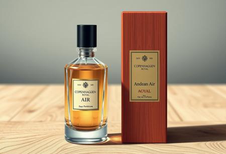 A hyper-detailed illustrator Perfume product poster design, eye-catching, elegant Bottle and Box, Name:" Andean Air", Brand: "COPENHAGEN ROYAL", "300 year Professional", " Eau De Perfume".
Apply 60-30-10 rule: 60% primary color: Warm Cream, Soft Light Wood
30% secondary color: Charcoal Gray, Rich Mahogany
10% accent color: Dusty Coral, Matte Black, Burnt Orange