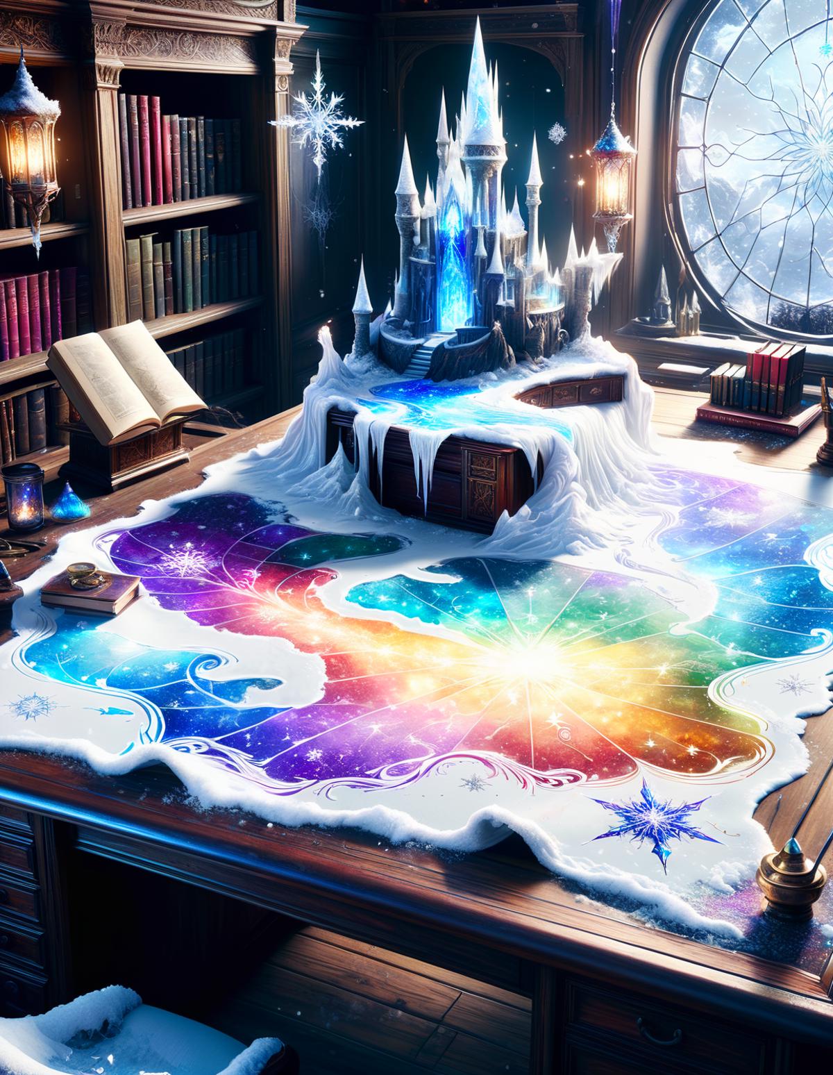 A magical colorful artistic map on a desk.