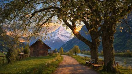 RAW, analog capture with Nikon Z 85mm lens, an acclaimed and alluring photograph recognized for its ((superlative quality)), hailed as a ((masterpiece)), an intricately detailed  a tree with green leaves, tree-lined path at sunset, glacier photography, Germany. wide shot, small village, benches, photo taken with Sony a7r, mountains river trees, today's featured photograph, parallax photography, connectedness, mix with Rivendell architecture, suburban neighborhood, alps., captured with professional precision in 4k resolution. The scene unfolds amid the bloom of spring flowers, bathed in the warmth of god rays, creating a delicate and innocent ambiance. The photograph boasts high-resolution imaging, capturing every nuance of the subject's facial features with remarkable detail and sharp focus. The aesthetic appeal is heightened by the smooth rendering, offering an extremely detailed and realistic portrayal. Post-processing techniques further enhance the image, achieving maximum detail and conveying a sense of roughness reflective of real-life textures. The result is an ultra-realistic depiction, showcasing the artistry of photorealism in exquisite 8k UHD. The play of SEMI-SILHOUETTE light adds depth and dimension, reminiscent of impressionist painting techniques with brushstrokes and palette knife strokes. This expressive composition, inspired by the styles of Leonid Afremov, incorporates elements of (cell shading: 1.2) and a 2D visual aesthetic, akin to the richness found in oil paintings (oil painting: 1.2), all meticulously curated by the skilled hand of Carne Griffiths.