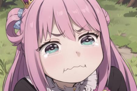 himemori luna, hololive, purple eyes, green eyes, heterochromia, crown, pink hair, gradient hair, hair ring, candy hair ornament, looking at viewer, outdoors, grass, <lora:merrytail_aqua_crying_meme_v02-05:0.7>, closed mouth, tears, wavy mouth, tearing up, pout, :i, meme, :t, parody, frown, v-shaped eyebrows, crying, sad, crying with eyes open, puffy cheeks