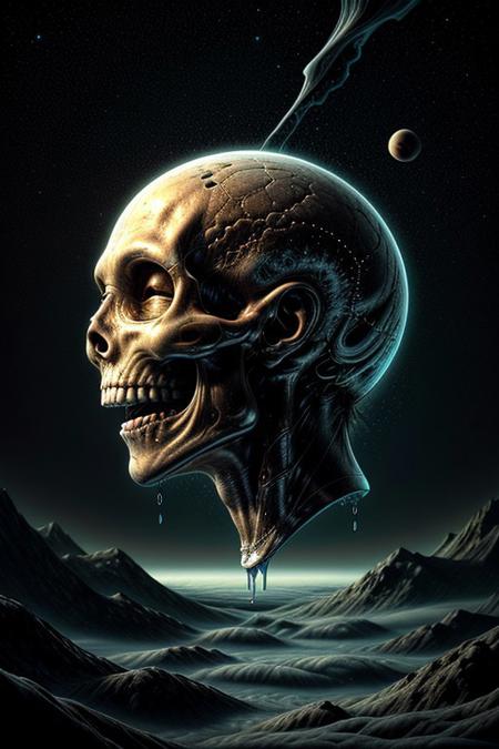 A close-up photorealistic image of a crystal-like floating skull facing dynamic view with its mouth open, pouring from it's mouth a shimmering liquid resembling the universe onto the ground, filled with rich stars and swirling galaxies. A simple void background enhances the dark atmosphere, shrouded in fog, capturing the hypnotic flow and shimmer of the cosmic liquid, side view,