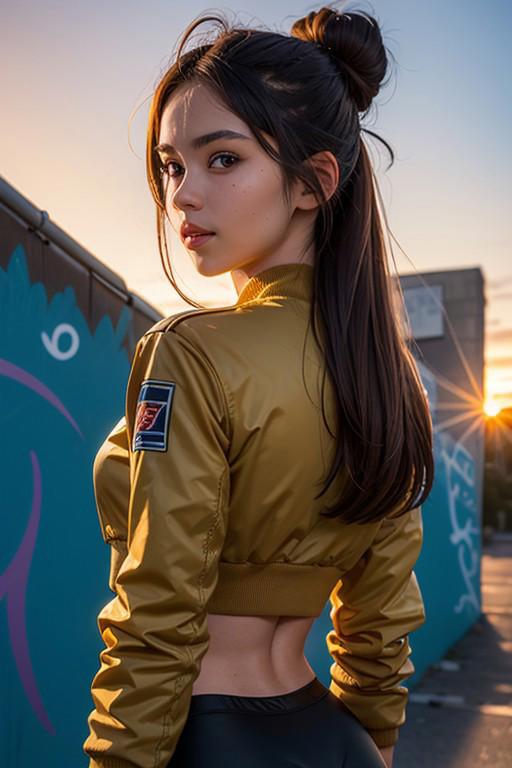 (seductive pose), (rule of thirds), outdoors, (against graffiti wall), (lowlight, sunset), view from the back
BREAK a (upper body focus) photograph of (1girl, 20 years old, slight smile, <lora:ZH_JThiam_v1SD15:1>, zh_jthiam, solo, long hair, realistic, brown hair, lips, looking at viewer, brown eyes), ((hair updo)) wearing (bomber jacket, crop top, leggings),