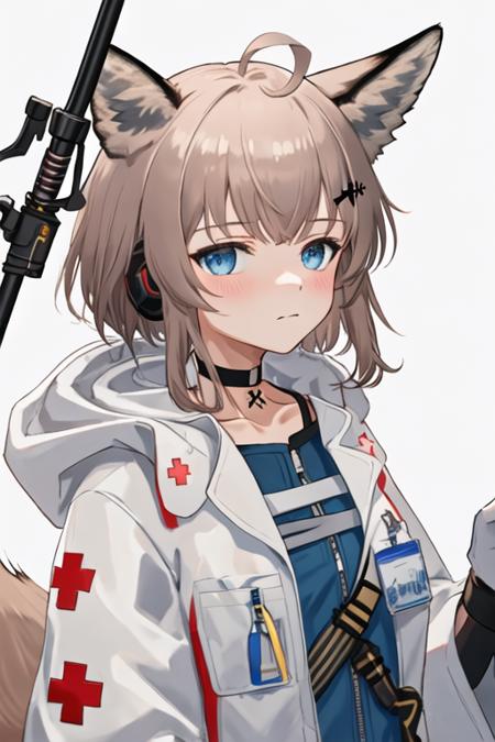 best quality, masterpiece, highres, solo, {sussurro_arknights:1.15}, animal_ears, fox_ears, ahoge, blue_eyes, bangs, short_hair, oripathy_lesion_\(arknights\), brown_hair, fox_girl, upper_body, animal_ear_fluff, closed_mouth, blush, 1girl, black_choker, choker, cross, gloves, holding, holding_staff, jacket, open_clothes, simple_background, staff, white_background, white_coat, white_gloves, blue_shirt, coat, hood, hood_down, infection_monitor_\(arknights\), red_cross, looking_at_viewer, shirt, white_jacket