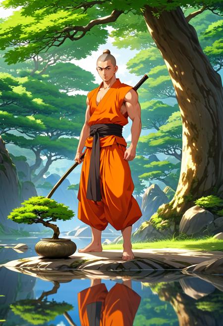 (masterpiece), (best quality), A full-body image of a action anime style, shonen, handsome young muscular anime Buddhist monk with manbun planting a tree, Zen, taoism, masterful composition, dynamic volumetric lighting, ray_tracing, reflection,  <lora:Anime_Style_Vauxz:0.8>