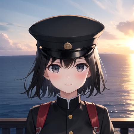 ((masterpiece)),(best quality),official art,extremely detailed CG,unity 8k wallpaper,ultra detailed,A lighthouse on a cliff by the sea,1girl,solo,upper body,(portrait:1.2),looking at viewer,hat,black_hair,short_hair,white_gloves,large_breasts,military_uniform,black_eyes,black_thighhighs,peaked_cap,smile,blush,backpack,pleated_skirt,<lora:Akitsu Maru(kan)>,