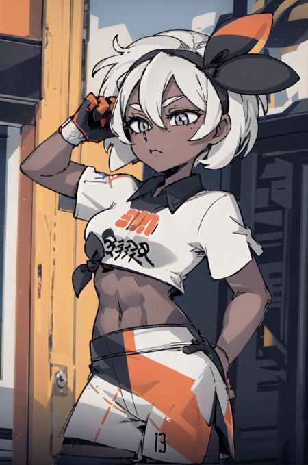 (masterpiece,best quality, detailed), 1girl, solo, outdoors, street, 
bea \(pokemon\),bow hairband, print shirt, tied shirt, black bodysuit, bodysuit under clothes, single glove, print shorts, <lora:SaitouV1-000013:1>,  <lora:helltakerLora_10:0.6>