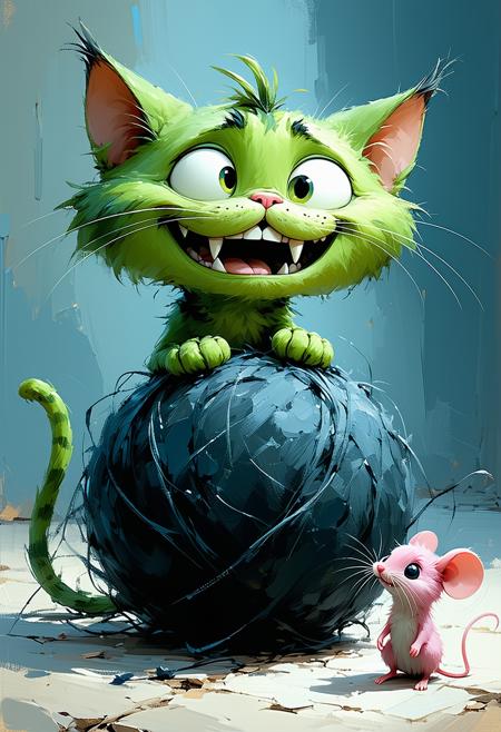 A green anthromorphic cat with gleaming white teeth grins broadly and leans on a dark, woolly ball of wool.
A bright pink tiny mouse, looks up in fear.
Style: whimsical, children book.