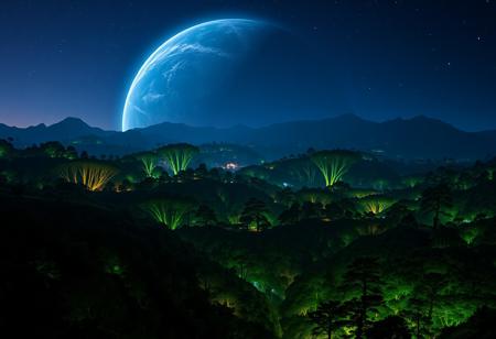 Giant bioluminescent forests flicker like fireflies in the perpetual twilight of a tidally locked planet, wallpaper, masterpiece