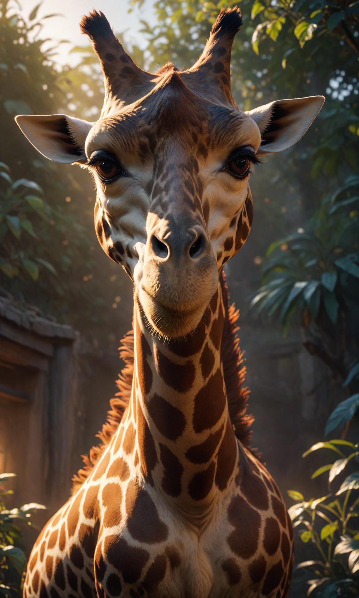 Close-up of a giraffe's face with a sunlit background.