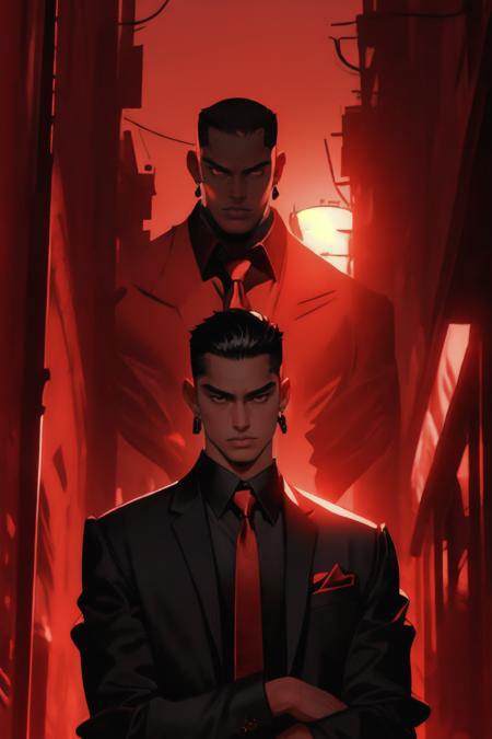 (red theme, red gradient,:1.2) redshift,red, looking at viewer, short hair, shirt, black hair, red eyes, 1boy, jewelry, closed mouth, jacket, upper body, male focus, earrings, multiple boys, necktie, solo focus, collared shirt, necklace, black jacket, black shirt, formal, crossed arms, suit, red necktie, very short hair, multiple others, alley  <lora:redshift-10:1>  <lora:add_detail:0.6>