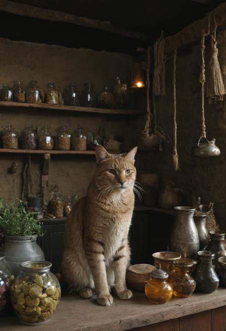 cinematic still frame, close-up of a (large cat sitting upright:1.3) on the counter of a medieval market stand, shelves with clay pots and jars, bags of spices, colored glass bottles, oil lamps, herbs hanging from the ceiling, bag of medieval coins lying on the counter, highly detailed, warm natural light, style of game of thrones