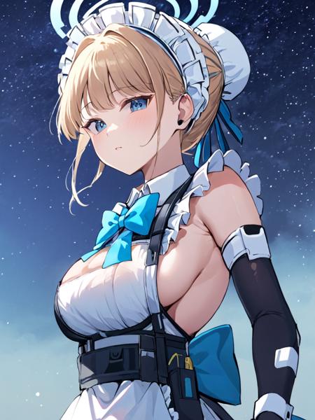 ultra-detailed,(best quality),((masterpiece)),(highres),original,extremely,<lora:feiniaox_xl:1>,feiniao,1girl,gloves,solo,fingerless gloves,breasts,bow,halo,maid headdress,apron,black gloves,elbow gloves,bowtie,night,maid,hair bun,frills,ribbon,pouch,blue bow,sky,armpits,sideboob,night sky,large breasts,blue bowtie,maid apron,star (sky),sleeveless,upper body,blue ribbon,