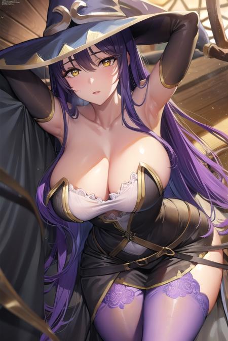 witch, <lyco:witch-lyco-nochekaiser:1>,
witch, long hair, purple hair, (yellow eyes:1.5),
BREAK thighhighs, gloves, hat, dress, cleavage, bare shoulders, elbow gloves, witch hat, (pelvic curtain:1.2), purple thighhighs,
BREAK indoors,
BREAK looking at viewer, (cowboy shot:1.5),
BREAK <lyco:GoodHands-beta2:1>, (masterpiece:1.2), best quality, high resolution, unity 8k wallpaper, (illustration:0.8), (beautiful detailed eyes:1.6), extremely detailed face, perfect lighting, extremely detailed CG, (perfect hands, perfect anatomy),