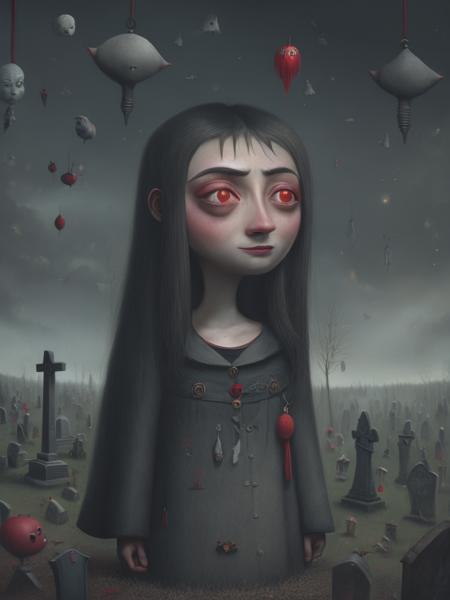 <lyco:ShaunTan:1.0> The style is pop surrealism shaun tan realistic style, female vampire hanging unpside down, viewed from far, graveyard, dof, zbrush, childlike innocence and charm, detailed facial features, dark and moody, tattoos, freckles, 4k super detailed image , hyper realistic, ultra detailed,