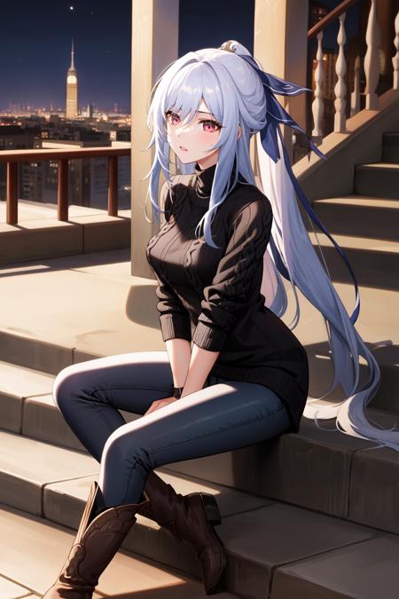 masterpiece, best quality, JingliuV5, 1girl, solo, ((black sweater, black pants, ankle boots)), city alley, steps, sitting, night, <lora:JingliuV5:0.8>