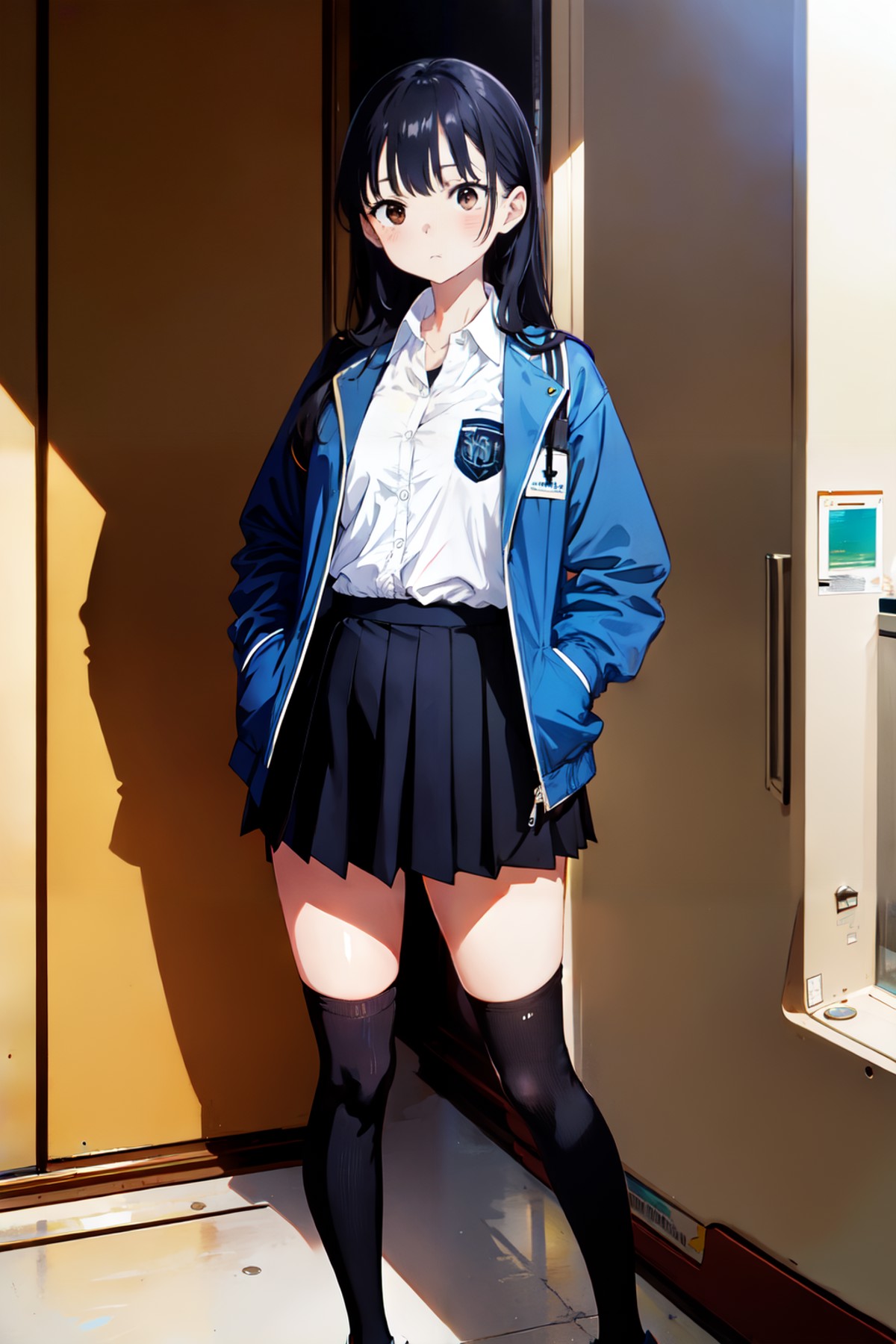 1girl, Yamada Anna, blue jacket, white collared shirt, partially unbuttoned, black pleated skirt, school uniform, open clo...