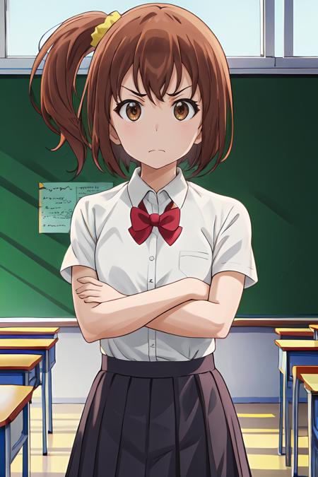 (masterpiece, best quality:1.2), highres, 1girl, solo, angry, 
Kanakana_V1, brown hair, short hair, side ponytail, brown eyes, hair ornament, yellow scrunchie, 
school uniform, white shirt, short sleeves, red bowtie, 
standing, crossed arms, 
indoors, school, classroom, looking at viewer, portrait, close-up face, 
<lora:add_detail_CyberAlchemist:0.4>, <lora:GoodHands-beta2:1>, <lora:KanakanaV1_1-000026:0.9>