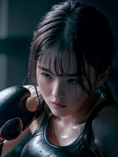 hansohee wearing boxing gloves, hair tied up, hair bangs, wet, gym, standing, close up, half body shot, 

analog style, hyper realistic lifelike texture dramatic lighting unrealengine trending on artstation,award winning photo,nikon RAW photo,8 k,Fujifilm XT3,masterpiece, best quality, realistic, photorealistic,ultra detailed,extremely detailed face,

dark, rim lighting, two tone lighting, dimly lit, low key,

<lora:hansohee-sd1.5-newcaption-50step-000001:0.8> <lora:epiNoiseoffset_v2:0.6>