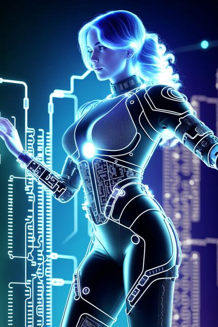 (Imitated Drawing:1.3) of (Detailed illustration:1.3) a cyborg woman jumping into the frozen oceans of Enceladus, hologram, circuits, wires ADDBASE upper body of a cyborg woman, wild hair, hologram, circuits, wires ADDROW legs of a cyborg woman, boots, (heels), hologram, wires, circuitry, breadboard, fractal, (Ascii Art:1.3),(Desaturated:1.3)
