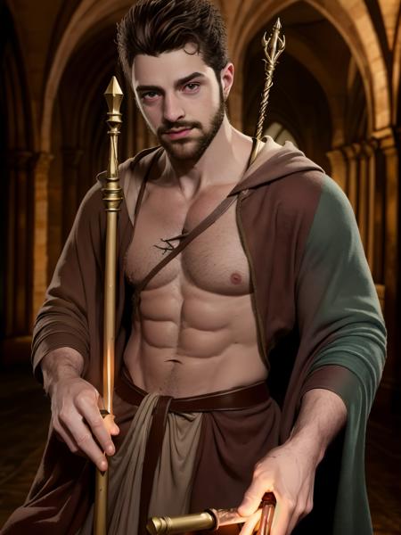 1boy, muscle focus, realistic, beard, black eyes, muscled , using a staff, using magic, wand glow, wizard's robe, <lora:Alok Petrillo:1>, realistic