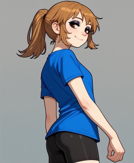 ashbie, blue shirt, short sleeves, bike shorts, short ponytail, eyeshadow