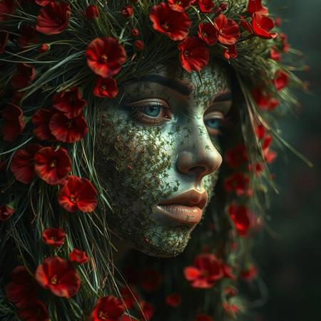 masterpiece, best quality, A hyper-realistic Close up shot of a figure completely made of grass and red flowers in female form, full body zoomed in, ultra sharp focus photo, 3d render, architecture, dark fantasy, vibrant (photography, high-resolution, dynamic, energetic,hyper-realistic, dramatic lighting, shallow depth of field.), dramatic lights, Cinematic, beautiful, vibrant, masterpiece, 32k, ultra HD, ultra-detailed, amazing quality, amazing artist, sharp edges, detailed textures, full view, atmospheric lighting, amazing visuals