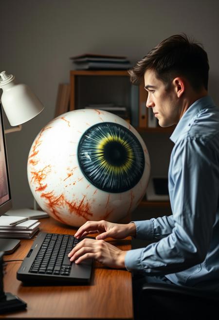 photo of a giant eyeball on desk in front of the man with typing on keyboard and looking at the eyeball sitting on chair, lean forward, looking serious