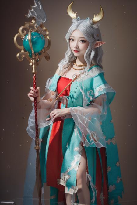 masterpiece, best quality,
solo,blush,
above the thighs,
1gir,silver hair,dress,pointy ears,blue capelet,white horns,holding one staff, 
standing, looking at viewer, 
simple background, 
<lora:yaoyao_v0.4:1>