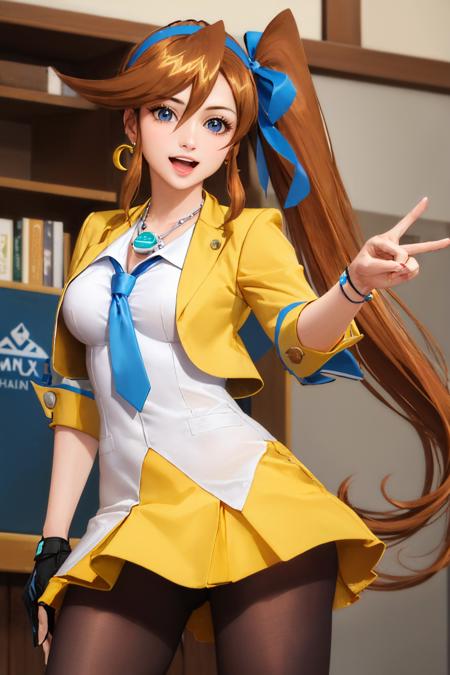 (masterpiece, best quality:1.2), solo, 1girl, athena cykes, smile, open mouth, looking at viewer, peace sign, side ponytail, hair ribbon, yellow jacket, blue necktie, single glove, yellow skirt, pantyhose, jewelry, necklace, crescent earrings <lora:aa_athenacykes_v11:1.0>