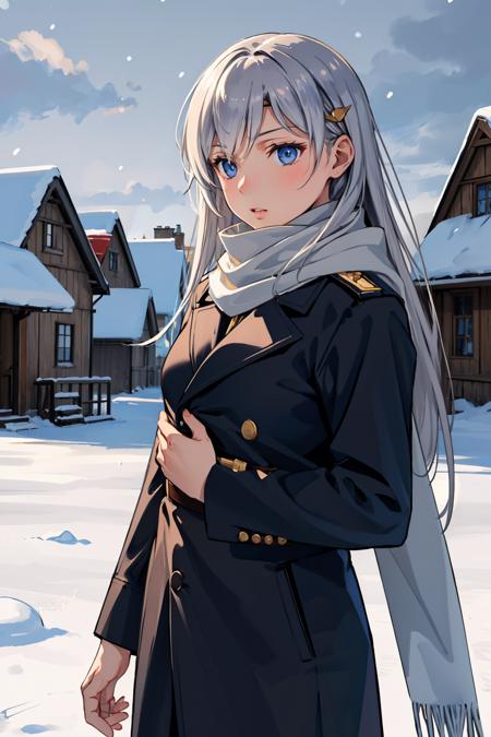 masterpiece, best quality, trsalicia, grey hair, medium breasts, circlet, black peacoat, winter, scarf, snow, village, cowboy shot, grey sky <lora:trsalicia-nvwls-v1-000009:0.9>