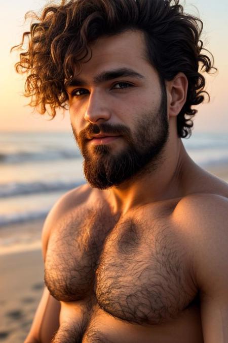 A close-up photo of a handsome hairy fit romanian man, on the beach, looking the viewer, sunrise, short curly hair