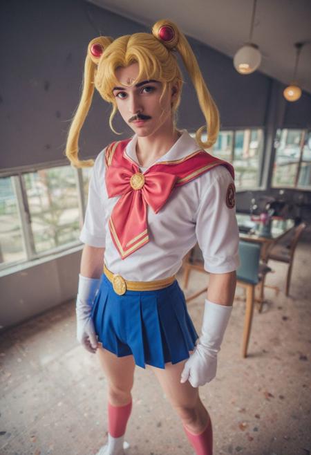 full-length photograph, ((Very masculine male version of Usagi Tsukino (Serena / Sailor Moon) with a moustache, wearing Sailor Moon outfit)) ,
Perfect photograph, strong fisheye-lens photograph (intense fisheye-view photograph), strong bokeh, cinematic photograph, experimental angles, experimental lighting, intricately detailed, very detailed background, realisticvision-negative-embedding, epiCRealism