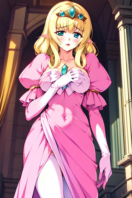 Laura Elfinrine tiara  pink gown with puffy sleeves pink ribbon with a gem on chest  pink long gloves red high heels shoes