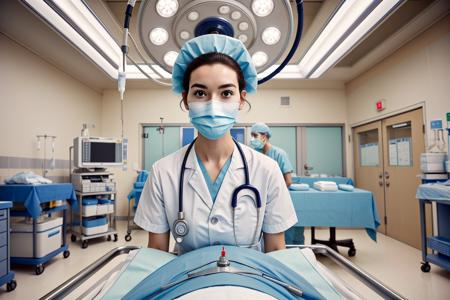 (RAW photo, centered, indoor, best quality),
 <lora:Nurse behind or_V2.0-000004:0.7>  nurse_or_behind_table, indoors, surgical mask, 1girl, looking at viewer, nurse, hospital bed, intravenous drip, stethoscope, nurse cap,solo,