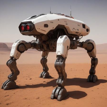 A highly detailed, futuristic quadruped robot named AMEE from the science fiction film Red Planet. AMEE has an agile, animal-like form, with four legs designed to traverse the rugged terrain of Mars. The robot's body is sleek, metallic, and armored, with an angular, streamlined design. On its head are glowing red sensors that resemble eyes, giving it an alert, intense appearance. AMEE has visible joints and mechanical components, showing a combination of advanced robotics and weaponry. (The environment is the interior of the spacecraft that appeared in the film: 1.4).