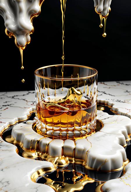 Liquid Marble floor, detailed, ultrarealistic, gold dripping, liquid marble whiskey glass set,
