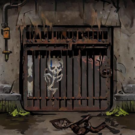 DarkestDungeon, DDAreaWarrens, Team Fortress 2 texture, TF2 texture, albedo texture map, best videogame textures, concrete, concrete wall, white concrete, (top stain, grey stain), (metal door, rollup door, garage door, graffiti on metal door, pipes running along the wall), ((sewer, drain, grate at the bottom of the wall)), (worst lighting, fullbright, no shadows)