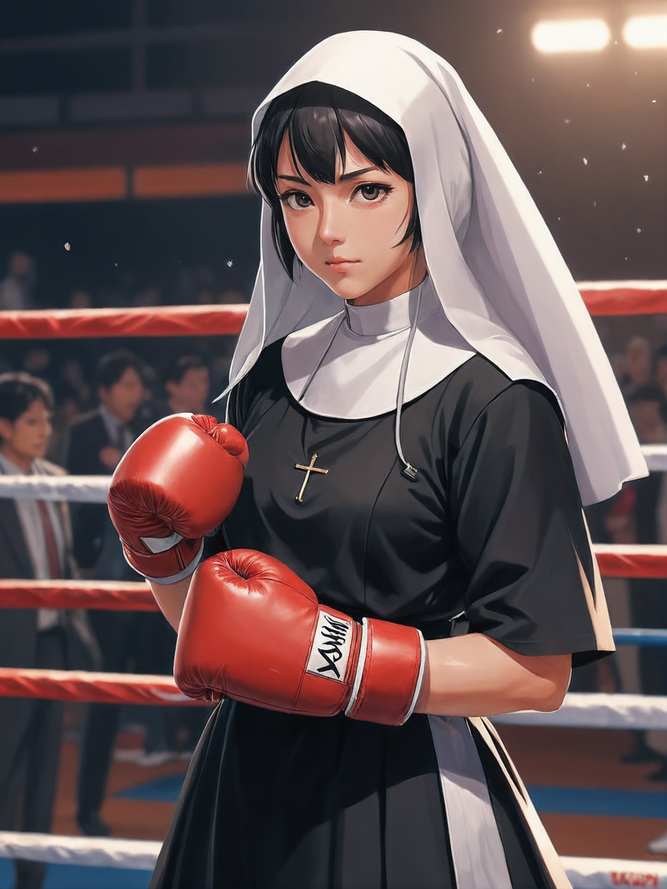 ((Painted Anime)), (boxing nun), art by atey ghailan, painterly anime style at pixiv, art by kantoku, in art style of redj...